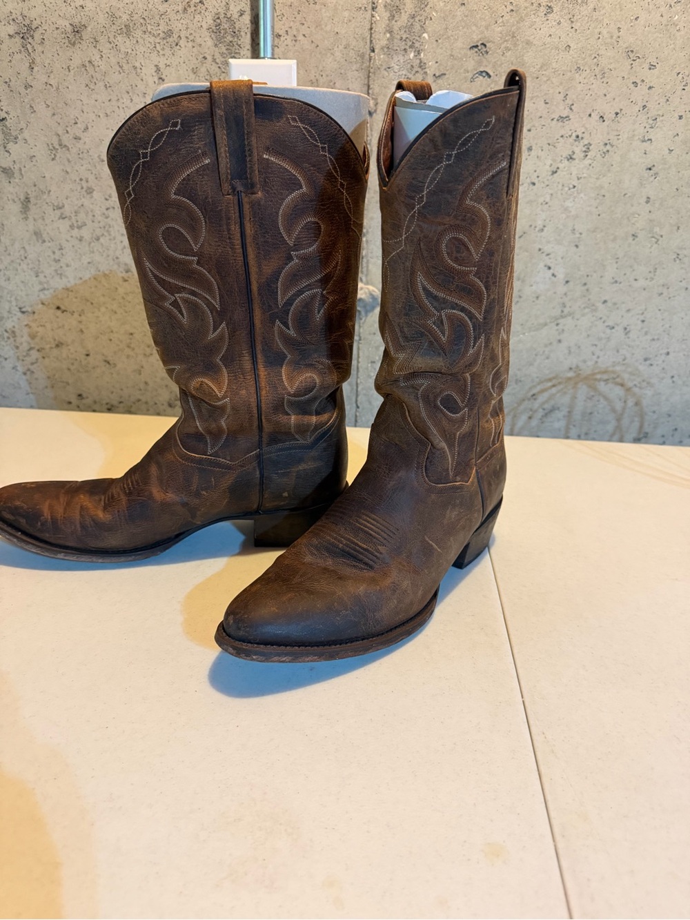 Dan Post Distressed Brown Leather Western Boots with Embroidered Shaft